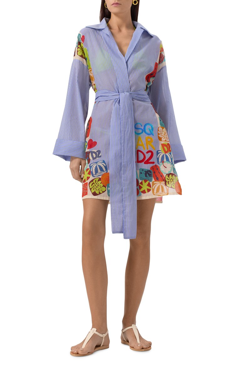 Женская хлопковая туника DSQUARED2 голубого цвета, арт. D6A2D5230 | Фото 3 (Рукава: Длинные; Автоматизация состава: Проставлено; Автоматизация ТО: Проставлено; Материал внешний: Хлопок; Длина Ж (юбки, платья, шорты): Мини; Стили: Кэжуэл; Женское Кросс-КТ: Туника-пляжная одежда)