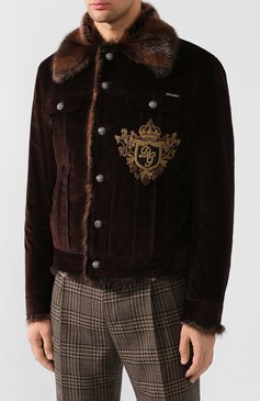 Мужская вельветовая куртка с меховой отделкой DOLCE & GABBANA коричневого цвета, арт. G9P02Z/FUWC0 | Фото 3 (Материал внешний: Шелк, Хлопок; Рукава: Длинные; Длина (верхняя одежда): Короткие; Мужское Кросс-КТ: Верхняя одежда, утепленные куртки; Кросс-КТ: Куртка, Утепленные; Статус проверки: Проверена категория; Материал утеплителя: Натуральный мех; Материал сплава: Проставлено; Драгоценные камни: Проставлено; Стили: Кэжуэл; Автоматизация Diginetica: Не назначено)