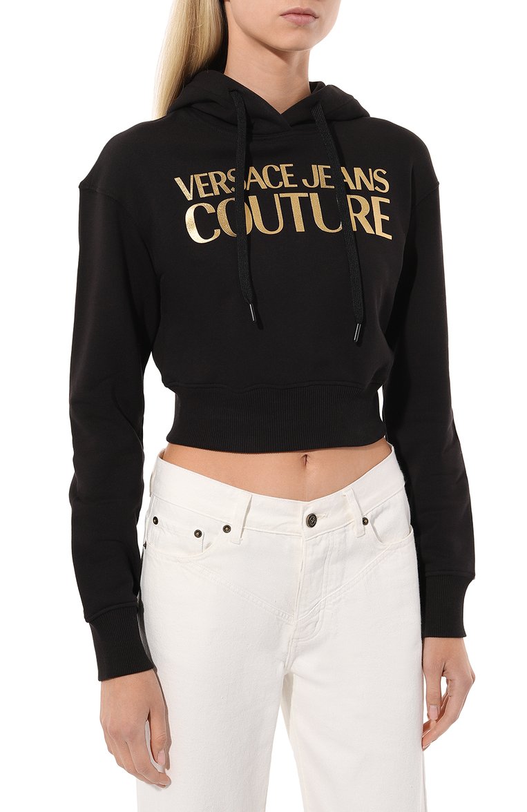 Женский хлопковое худи VERSACE JEANS COUTURE черного цвета, арт. 76HAIT04/CF01T | Фото 3 (Рукава: Длинные; Материал сплава: Проставлено; Материал внешний: Хлопок; Стили: Спорт-шик; Женское Кросс-КТ: Худи-одежда; Драгоценные камни: Проставлено; Длина (для топов): Укороченные)