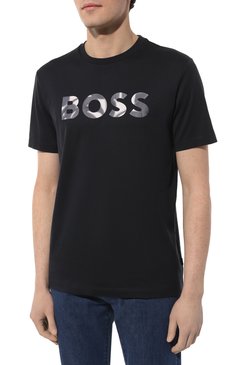 Мужская хлопковая футболка BOSS темно-синего цвета, арт. 50513382 | Фото 3 (Материал сплава: Проставлено; Рукава: Короткие; Драгоценные камни: Проставлено; Материал внешний: Хлопок; Стили: Кэжуэл; Принт: С принтом; Длина (для топов): Удлиненные; Мужское Кросс-КТ: Футболка-одежда; Кросс-КТ: Джерси)