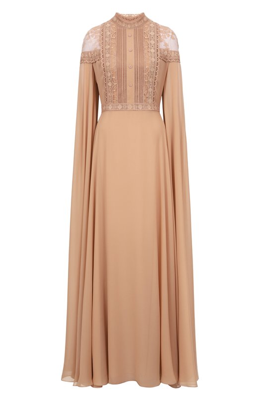 Платье из шелка и хлопка Elie Saab D0617NS25/SIL01 Бежевый D0617NS25/SIL01