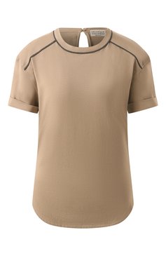 Женский хлопковый топ BRUNELLO CUCINELLI бежевого цвета, арт. M0T81FP330 | Фото 1 (Драгоценные камни: Проставлено; Рукава: Короткие; Длина (для топов): Стандартные; Материал сплава: Проставлено; Стили: Кэжуэл; Материал внешний: Хлопок)