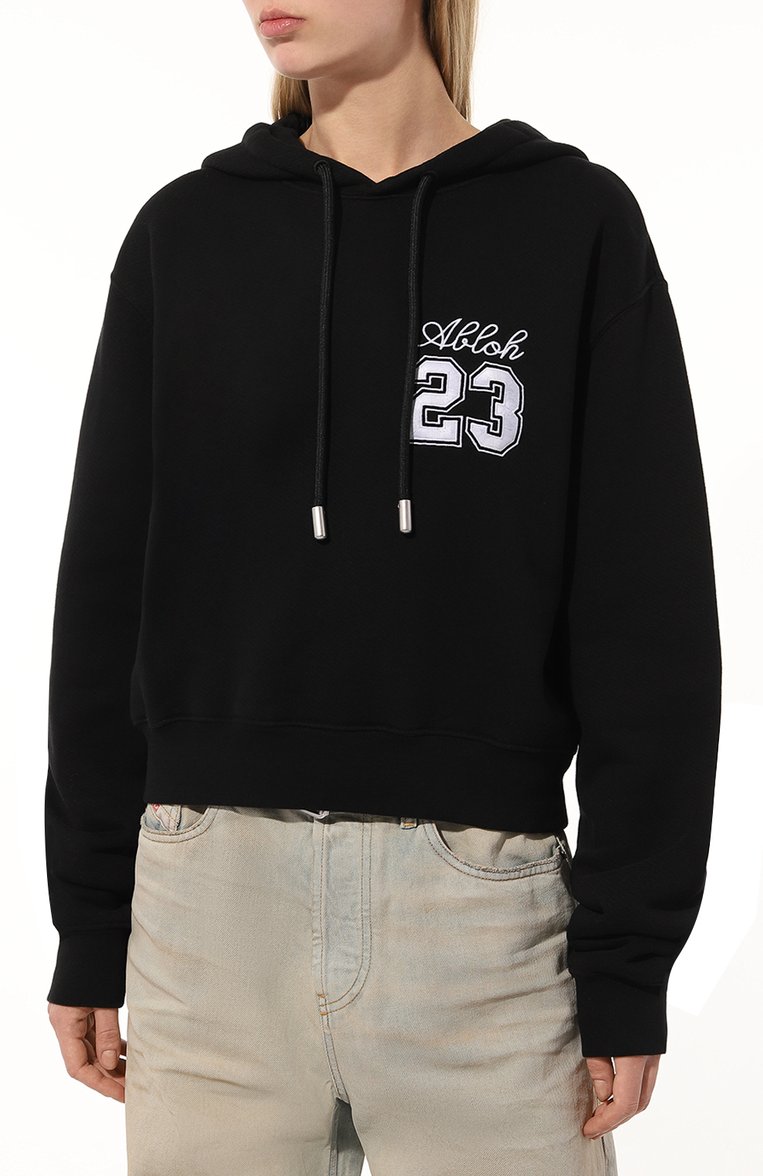 Женский хлопковое худи OFF-WHITE черного цвета, арт. 0WBB016S24FLE001 | Фото 3 (Длина (для топов): Стандартные; Рукава: Длинные; Материал внешний: Хлопок; Стили: Кэжуэл; Женское Кросс-КТ: Худи-одежда)