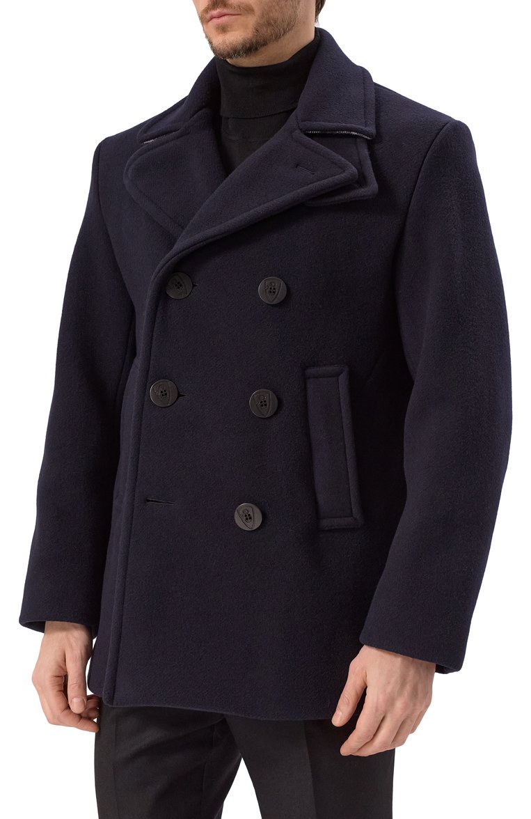 Мужской шерстяное пальто BURBERRY темно-синего цвета, арт. 8104037 | Фото 3 (Длина (верхняя одежда): Короткие; Материал подклада: Купро; Рукава: Длинные; Материал внешний: Шерсть; Мужское Кросс-КТ: пальто-верхняя одежда; 1-2-бортные: Двубортные; Стили: Кэжуэл)