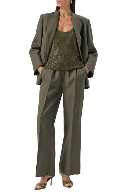 Женские льняные брюки IN THE MOOD FOR LOVE хаки цвета, арт. SS2400400002 | Фото 2 (Драгоценные камни: Проставлено; Материал внешний: Лен; Длина (брюки, джинсы): Стандартные; Материал сплава: Проставлено)