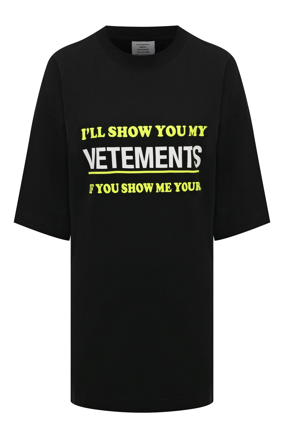Хлопковая футболка VETEMENTS черного цвета по цене 43750 руб., арт. UA53TR230B 1610/W, фото 1 Хлопковая футболка VETEMENTS, арт. UA53TR230B 1610/W, фото 1