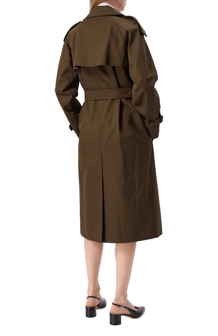 Женский хлопковый тренч BURBERRY хаки цвета, арт. 8104555 | Фото 4 (Материал подклада: Хлопок; Длина (верхняя одежда): Длинные; Рукава: Длинные; Кросс-КТ: Куртка; Стили: Милитари; Материал внешний: Хлопок)