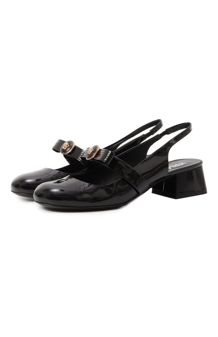 Женские лакированные туфли gianni ribbon 35 VERSACE черного цвета, арт. 1018457/D2VE | Фото 1 (Материал внешний: Натуральная кожа; Каблук высота: Низкий; Материал внутренний: Натуральная кожа; Подошва: Плоская; Каблук тип: Устойчивый; Женское Кросс-КТ: Слингбэки; Автоматизация состава: Проставлено; Автоматизация ТО: Проставлено)