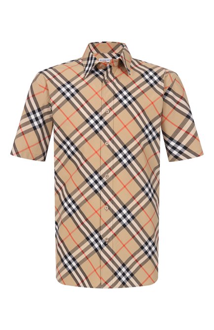 Мужская хлопковая рубашка BURBERRY бежевого цвета, арт. 8087637 | Фото 1 (Длина (для топов): Стандартные; Драгоценные камни: Проставлено; Материал внешний: Хлопок; Материал сплава: Проставлено; Рукава: Короткие)