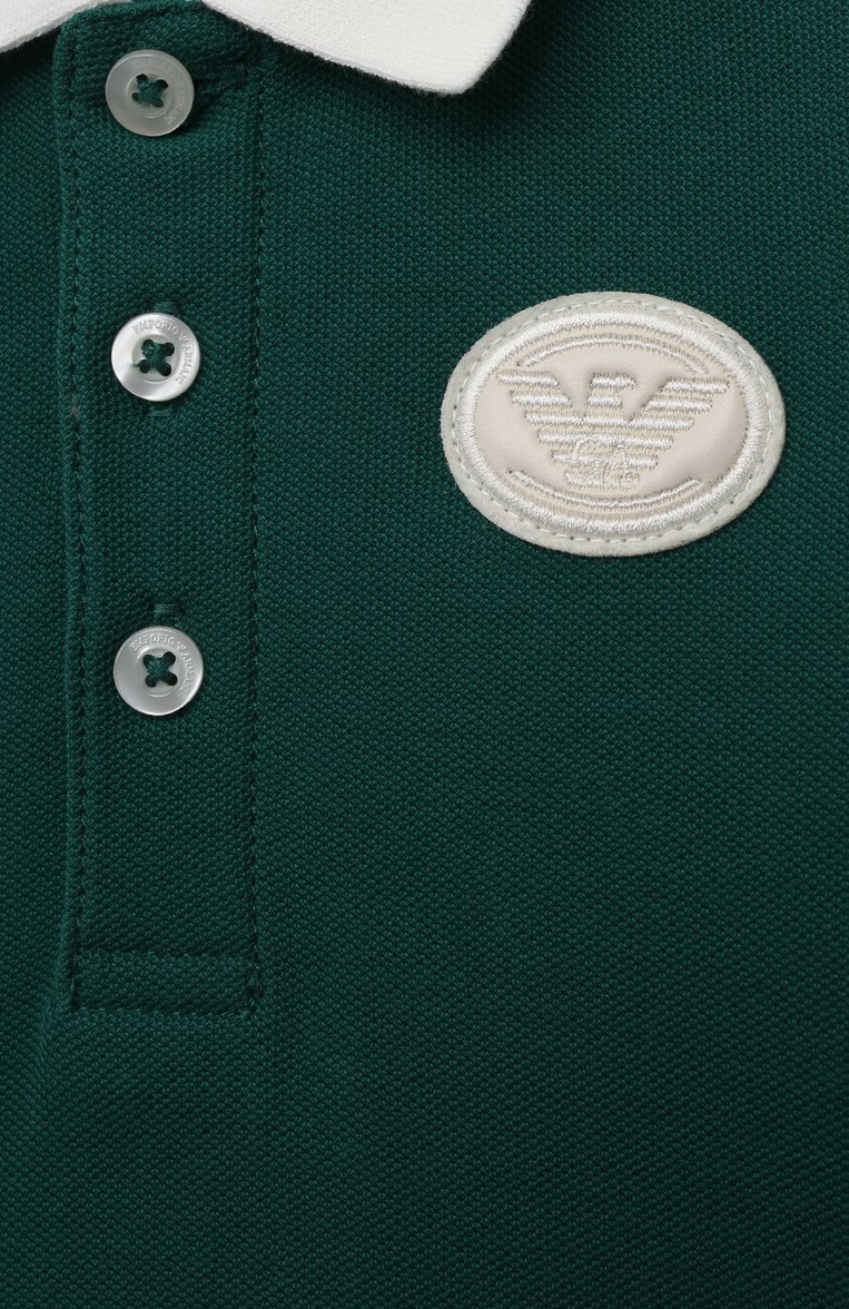 Детский хлопковое поло EMPORIO ARMANI зеленого цвета, арт. 6LHFA2/1JCYZ | Фото 3 (Материал внешний: Хлопок; Нос: Не проставлено; Региональные ограничения белый список (Axapta Mercury): Не проставлено; Кросс-КТ НВ: Футболка; Ростовка одежда: 9 мес | 74 см, 12 мес | 80 см, 24 мес | 92 см, 36 мес | 98 см, 3 мес | 62 см, 6 мес | 68 см)