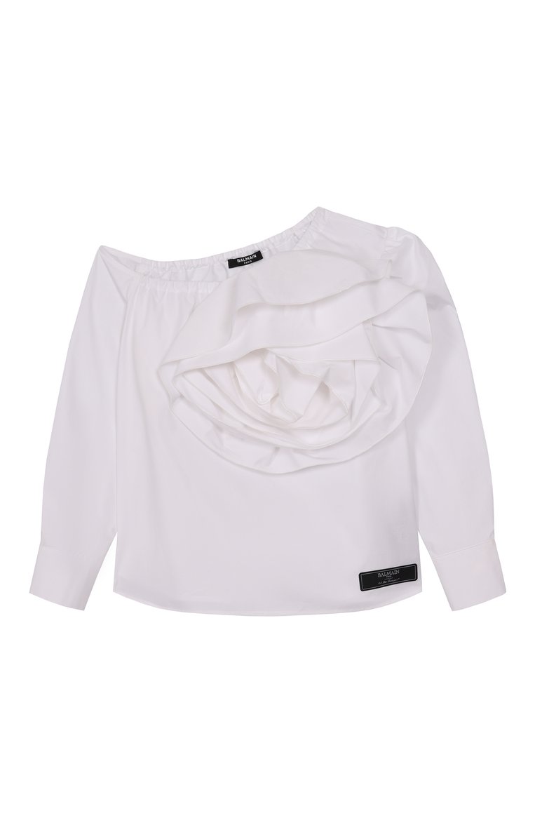 Детское хлопковая блузка BALMAIN белого цвета, арт. BW5A60 | Фото 1 (Рукава: Длинные; Автоматизация ТО: Проставлено; Автоматизация состава: Проставлено; Материал внешний: Хлопок; Случай: Повседневный; Ростовка одежда: 10 - 11 лет | 140 - 146см, 8 лет | 128 см, 12 лет | 152 см, 13 - 15 лет | 158 см, 16 лет | 164 см)