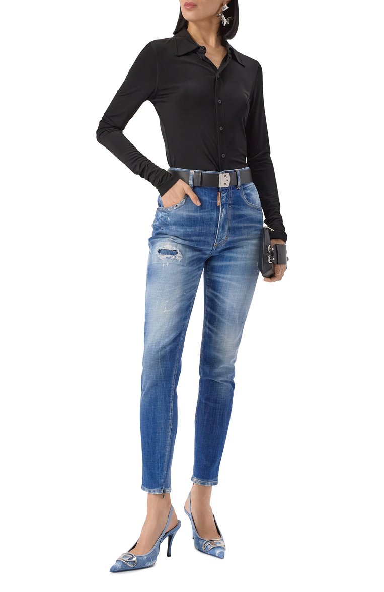 Женские джинсы twiggy DSQUARED2 голубого цвета, арт. S72LB0829/S30342 | Фото 2 (Материал внешний: Хлопок, Деним; Длина (брюки, джинсы): Стандартные; Кросс-КТ: Деним; Стили: Кэжуэл; Детали: Делаве; Силуэт Ж (брюки и джинсы): Узкие)