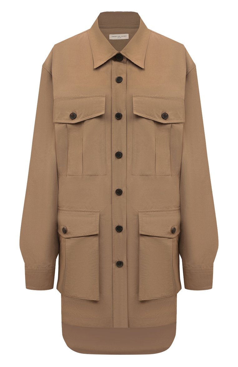 Женское платье DRIES VAN NOTEN бежевого цвета, арт. 011019-8029 | Фото 1 (Материал внешний: Хлопок, Синтетический материал; Длина Ж (юбки, платья, шорты): Мини; Рукава: Длинные; Стили: Минимализм; Женское Кросс-КТ: Платье-одежда; Случай: Повседневный)