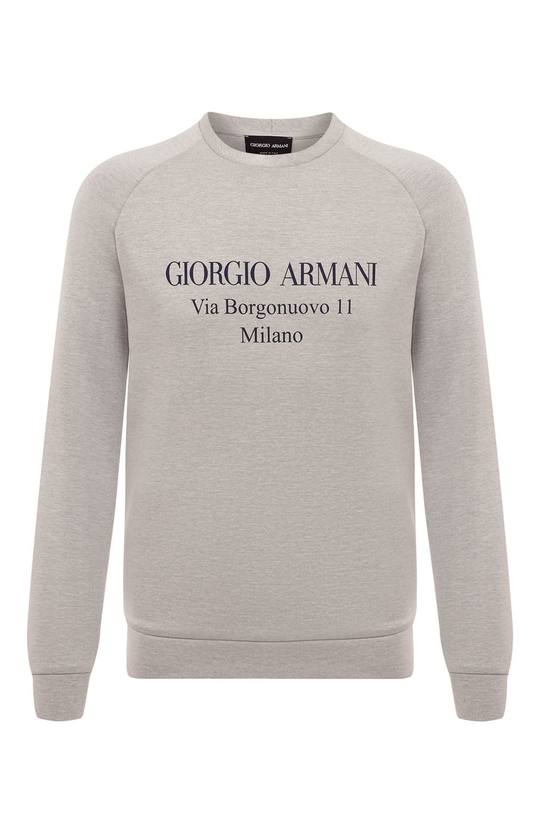 Мужской хлопковый свитшот GIORGIO ARMANI серого цвета, арт. 3GSM81/SJSXZ | Фото 1 (Рукава: Длинные; Длина (для топов): Стандартные; Материал внешний: Хлопок; Принт: С принтом; Стили: Кэжуэл; Мужское Кросс-КТ: свитшот-одежда; Материал сплава: Проставлено; Драгоценные камни: Проставлено)
