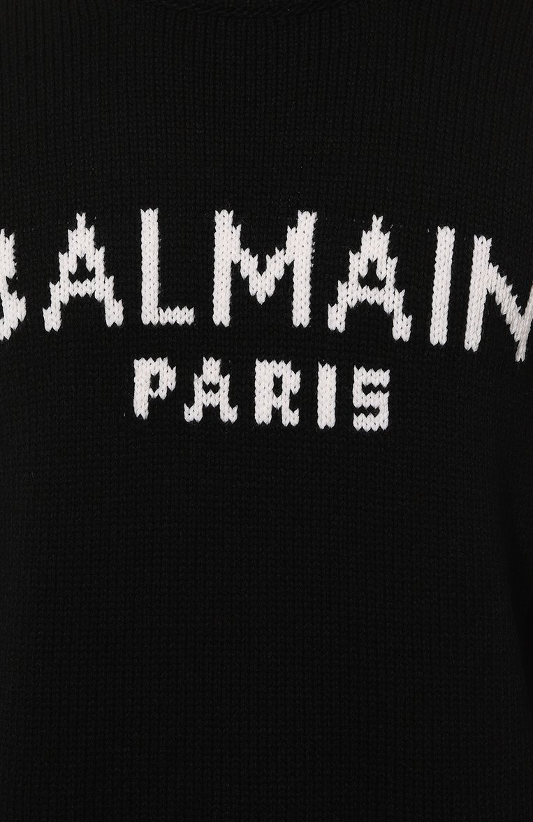 Мужской шерстяной свитер BALMAIN черного цвета, арт. AH1KD000KC88 | Фото 5 (Материал внешний: Шерсть; Рукава: Длинные; Длина (для топов): Стандартные; Принт: С принтом; Материал сплава: Проставлено; Мужское Кросс-КТ: �Свитер-одежда; Драгоценные камни: Проставлено; Стили: Кэжуэл)