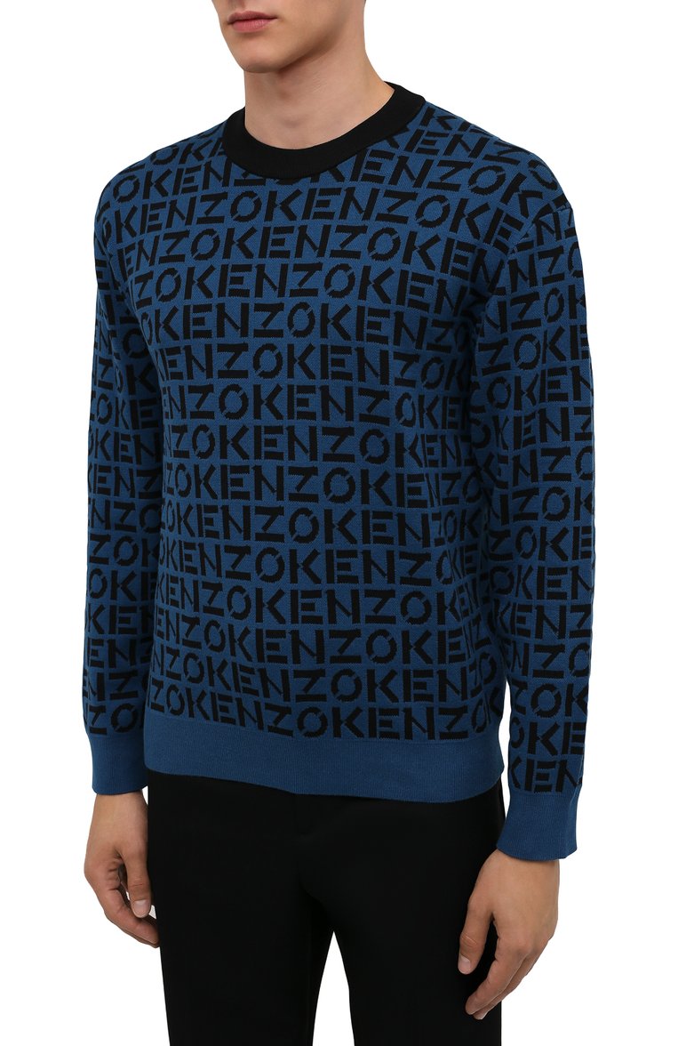 Мужской джемпер kenzo sport KENZO темно-синего цвета, арт. FB65PU6363SC | Фото 3 (Длина (для топов): Стандартные; Материал внешний: Хлопок, Синтетический материал; Рукава: Длинные; Мужское Кросс-КТ: Джемперы; Вырез: Круглый; Принт: С принтом; Стили: Кэжуэл)