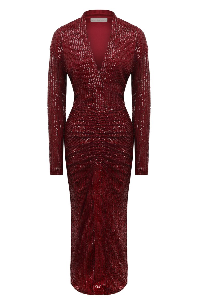 Женское платье с отделкой пайетками IN THE MOOD FOR LOVE бордового цвета, арт. PF2400100012 | Фото 1 (Рукава: Длинные; Длина Ж (юбки, платья, шорты): Миди; Материал внешний: Синтетический материал; Случай: Вечерний; Женское Кросс-КТ: Платье-одежда; Стили: Гламурный)