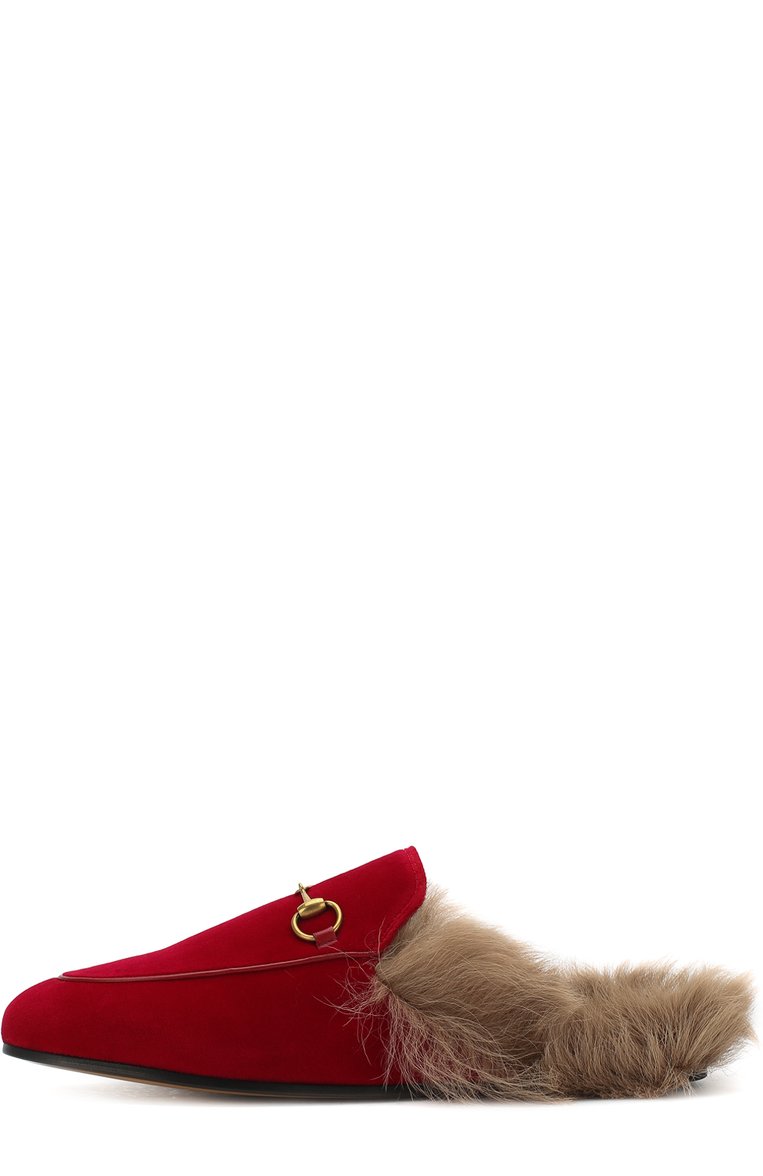 Женские бархатные сабо princetown с пряжкой-трензелем GUCCI красного цвета, арт. 448657/K4D50 | Фото 3 (Подошва: Плоская; Каблук высота: Низки�й; Материал утеплителя: Натуральный мех, Овчина; Материал внешний: Текстиль, Натуральная кожа)