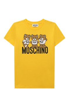 Детская хлопковая футболка MOSCHINO желтого цвета, арт. HVM03U/LAA34/10A-14A | Фото 1 (Рукава: Короткие; Материал сплава: Проставлено; Материал внешний: Хлопок; Мальчики Кросс-КТ: Футболка-одежда; Драгоценные камни: Проставлено)