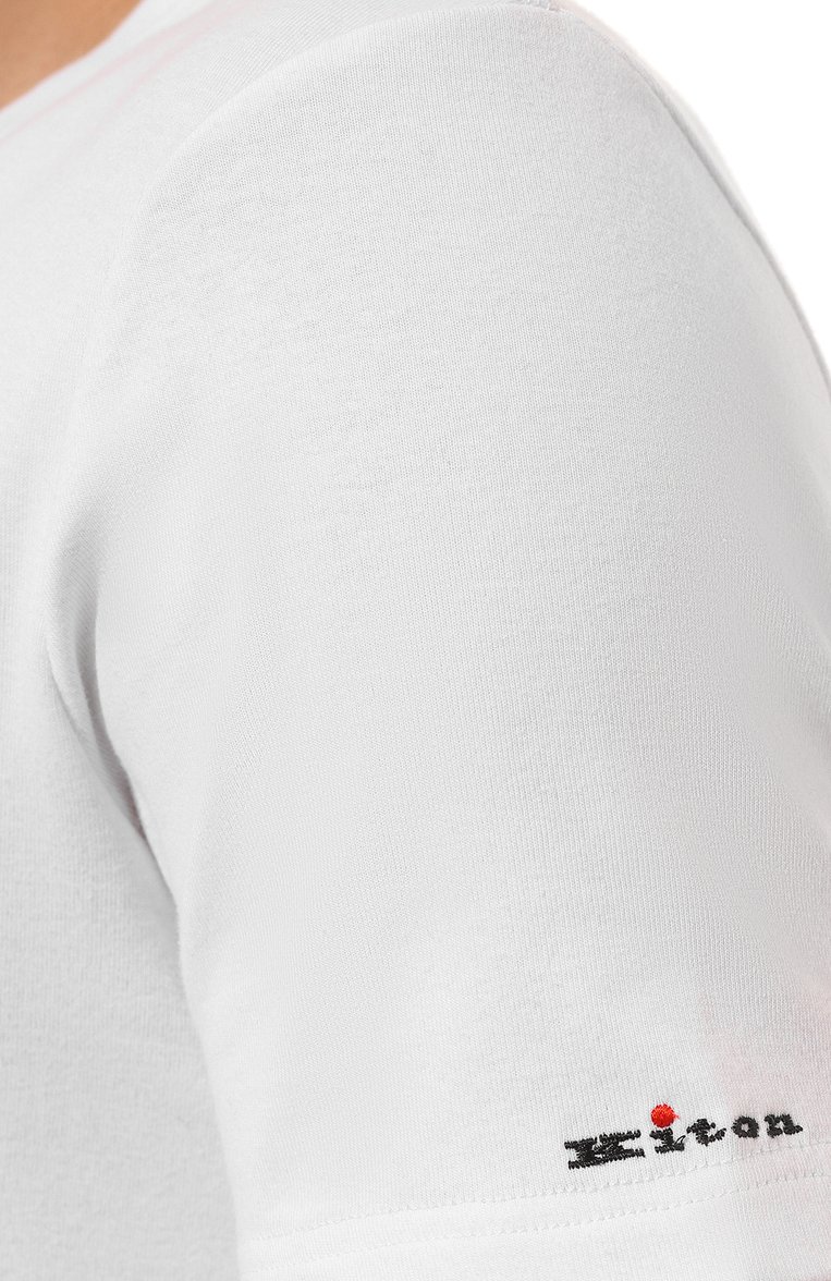 Мужская хлопковая футболка KITON белого цвета, арт. UNWM008K0747D | Фото 5 (Принт: Без принта; Рукава: Короткие; Длина (для топов): Стандартные; Материал сплава: Проставлено; Материал внешний: Хлопок; Драгоценные камни: Проставлено; Стили: Кэжуэл)
