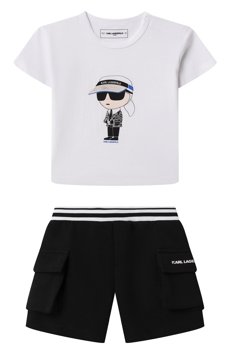 Детский комплект из футболки и шорт KARL LAGERFELD KIDS черно-белого цвета, арт. Z30502 | Фото 1 (Нос: Не проставлено; Кросс-КТ НВ: Костюм; Ростовка одежда: 9 мес | 74 см, 12 мес | 80 см, 18 мес | 86 см)