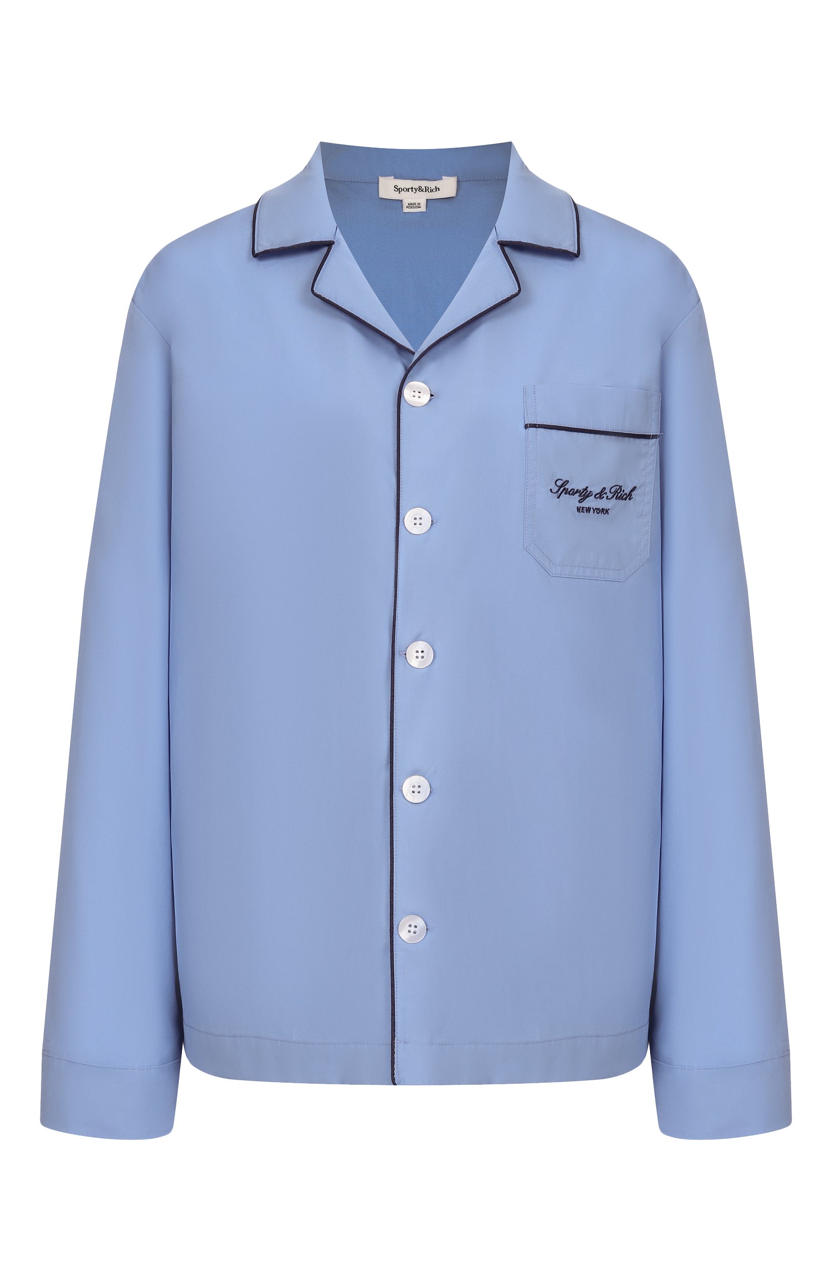 Хлопковая рубашка SPORTY AND RICH голубого цвета по цене 31450 руб., арт. SI021711329BL144, фото 1 Хлопковая рубашка SPORTY AND RICH, арт. SI021711329BL144, фото 1