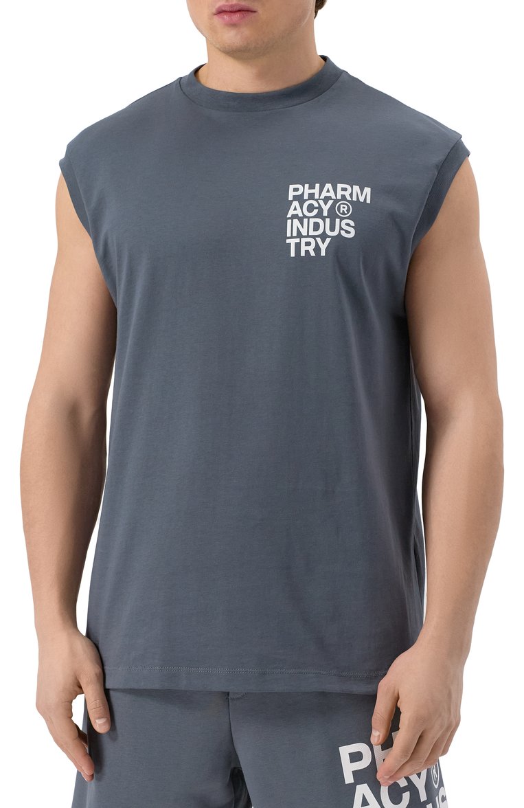 Мужская хлопковая майка PHARMACY INDUSTRY темно-серого цвета, арт. PHABM00173 | Фото 3 (Длина (для топов): Стандартные; Материал внешний: Хлопок; Рукава: Без рукавов; Стили: Кэжуэл; Принт: С принтом; Мужское Кросс-КТ: Футболка-одежда; Кросс-КТ: Джерси; Автоматизация ТО: Проставлено; Автоматизация состава: Проставлено; Детали: Без декора)