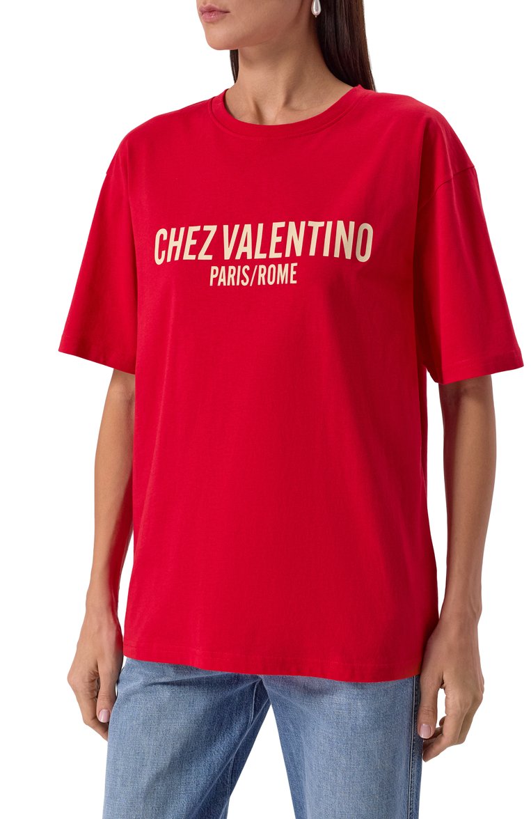 Женская хлопковая футболка VALENTINO красного цвета, арт. 6B3MG24Q/95W | Фото 3 (Материал внешний: Хлопок; Рукава: Короткие; Длина (для топов): Стандартные; Стили: Кэжуэл; Принт: С принтом)