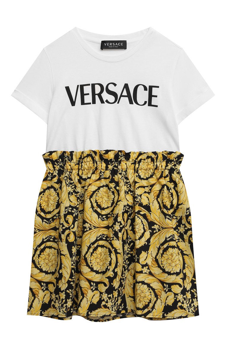 Детское хлопковое платье VERSACE желтого цвета, арт. 1000327/1A02444/4A-6A | Фото 1 (Материал внешний: Хлопок; Рукава: Короткие; Драгоценные камни: Проставлено; Материал сплава: Проставлено; Региональные ограничения белый список (Axapta Mercury): Не проставлено; Ростовка одежда: 4 года | 104 см, 6 лет | 116 см)