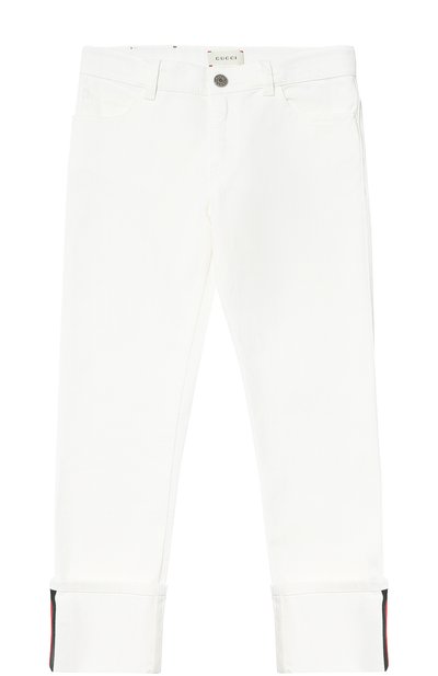 Джинсы из эластичного хлопка с лампасами GUCCI белого цвета по цене 29500 руб., арт. 453309/XR509, фото 1 Джинсы из эластичного хлопка с лампасами GUCCI, арт. 453309/XR509, фото 1