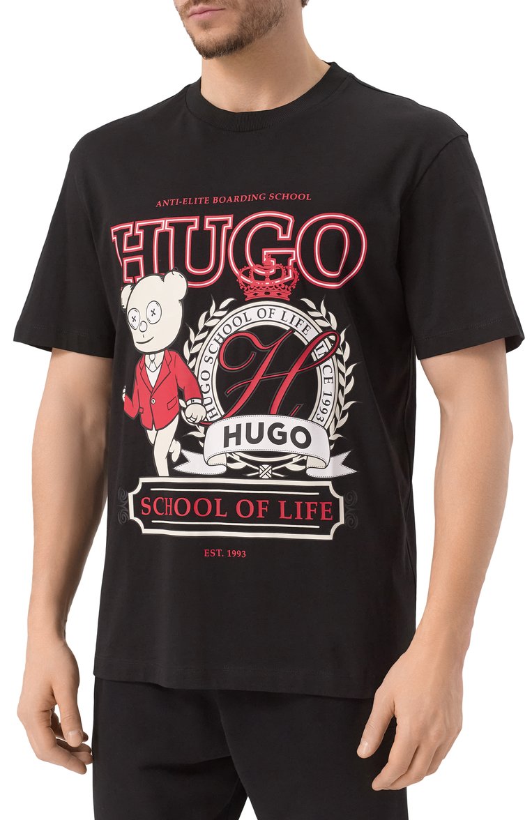 Мужская хлопковая футболка HUGO черного цвета, арт. 50538254 | Фото 3 (Материал внешний: Хлопок; Длина (для топов): Стандартные; Рукава: Короткие; Стили: Кэжуэл; Принт: С принтом; Мужское Кросс-КТ: Футболка-одежда)
