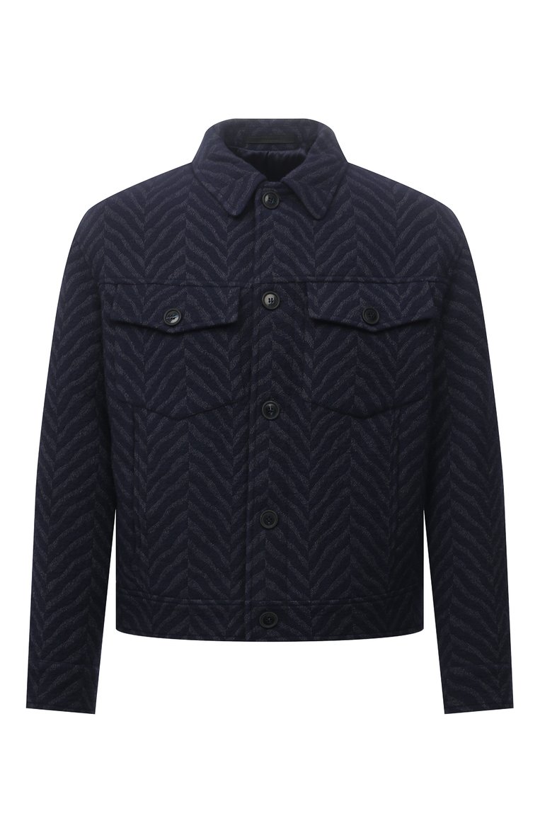 Мужская шерстяная куртка GIORGIO ARMANI темно-синего цвета, арт. 1WG0B065/T02S1 | Фото 1 (Длина (верхняя одежда): Короткие; Мужское Кросс-КТ: шерсть и кашемир; Материал внешний: Шерсть; Материал подклада: Синтетический материал; Стили: Кэжуэл; Кросс-КТ: Куртка; Рукава: Длинные; Драгоценные камни: Проставлено; Материал сплава: Проставлено)