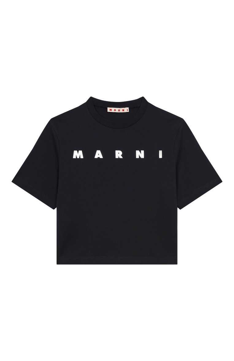 Детская хлопковая футболка MARNI темно-синего цвета, арт. M01317/M00HZ | Фото 1 (Рукава: Короткие; Материал внешний: Хлопок; Девочки Кросс-КТ: футболка-одежда; Ростовка одежда: 4 года | 104 см, 6 лет | 116 см, 8 лет | 128 см, 16 лет | 164 см, 13 - 15 лет | 158 см, 10 - 11 лет | 140 - 146см)