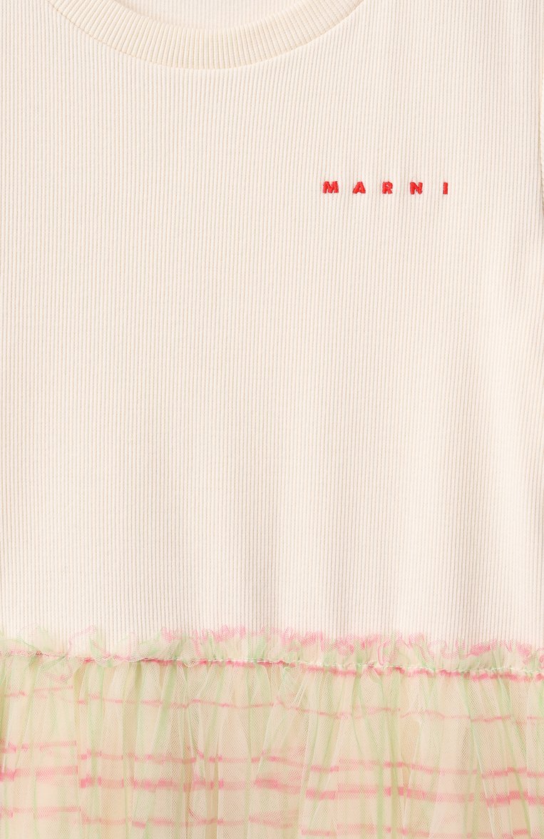 Детское хлопковое платье MARNI кремового цвета, арт. M01421/M00TT | Фото 3 (Рукава: Короткие; Случай: Повседневный; Девочки Кросс-КТ: Платье-одежда; Материал внешний: Хлопок; Автоматизация ТО: Проставлено; Автоматизация состава: Проставлено; Ростовка одежда: 4 года | 104 см, 8 лет | 128 см, 6 лет | 116 см, 16 лет | 164 см, 10 - 11 лет | 140 - 146см, 13 - 15 лет | 158 см)