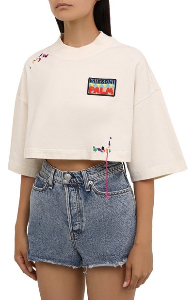 Хлопковая футболка PALM ANGELS кремового цвета по цене 34150 руб., арт. PWAA040F21JER0030384, фото 3 Хлопковая футболка PALM ANGELS, арт. PWAA040F21JER0030384, фото 3