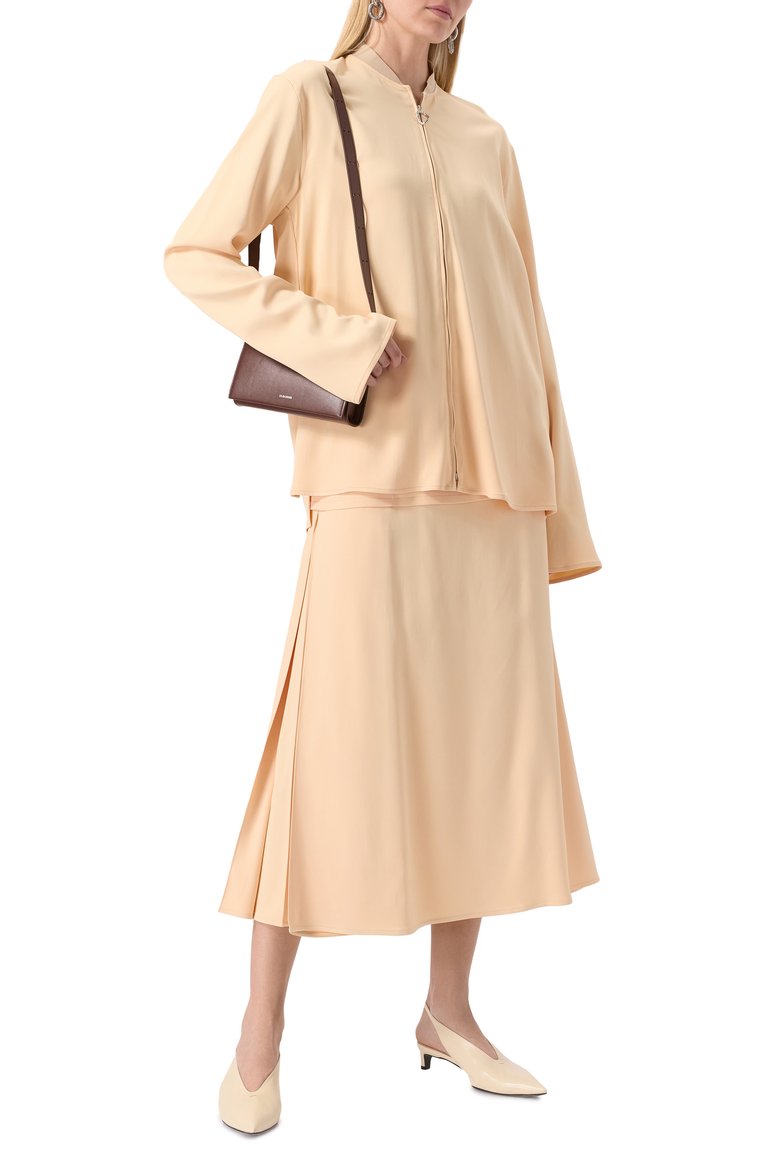 Женская юбка JIL SANDER бежевого цвета, арт. J02MA0254-J65285 | Фото 2 (Длина Ж (юбки, платья, шорты): Миди; Материал внешний: Вискоза, Синтетический материал; Кросс-КТ: костюм; Стили: Кэжуэл)