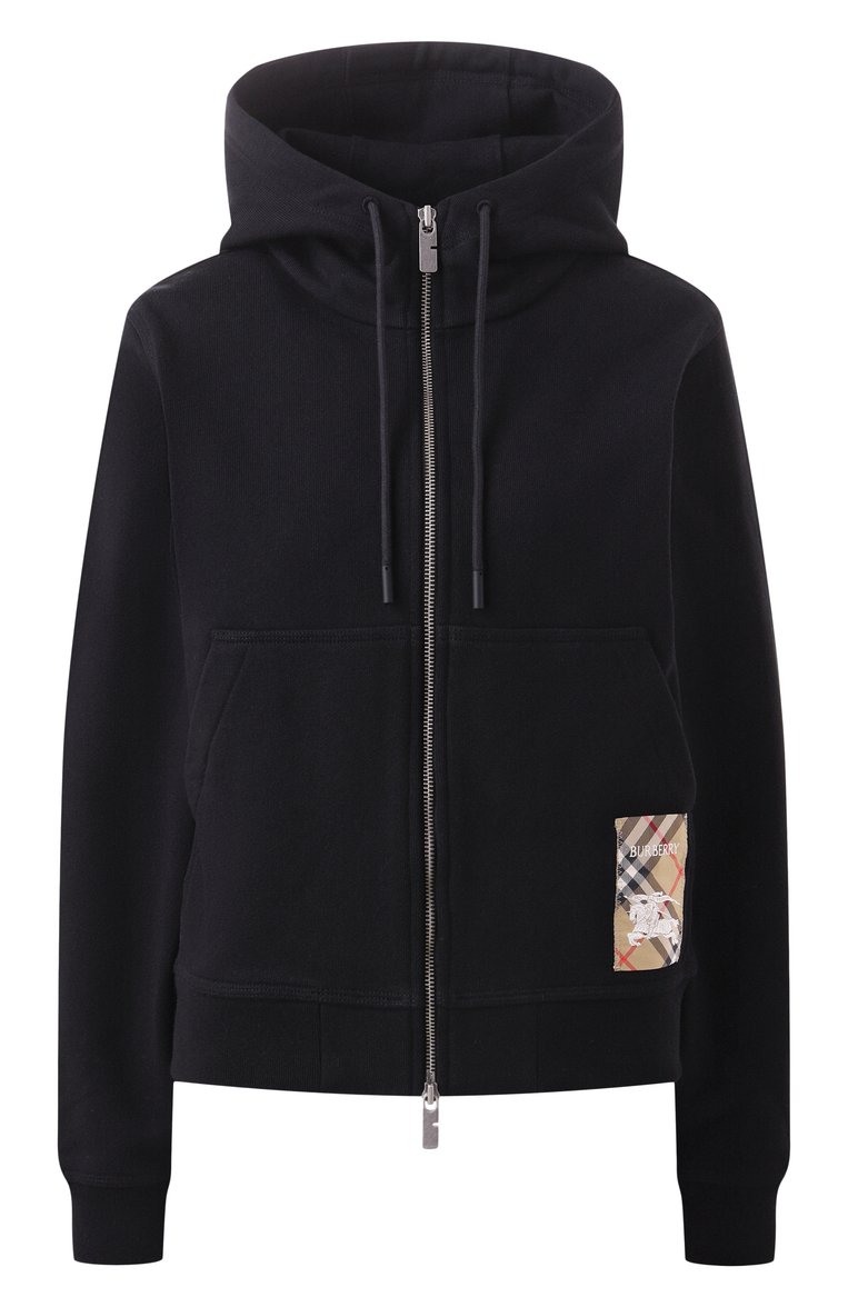 Женский хлопковая толстовка BURBERRY черного цвета, арт. 8101878 | Фото 1 (Рукава: Длинные; Длина (для топов): Стандартные; Драгоценные камни: Проставлено; Материал сплава: Проставлено; Женское Кросс-КТ: Кардиган-одежда; Стили: Спорт-шик; Материал внешний: Хлопок)