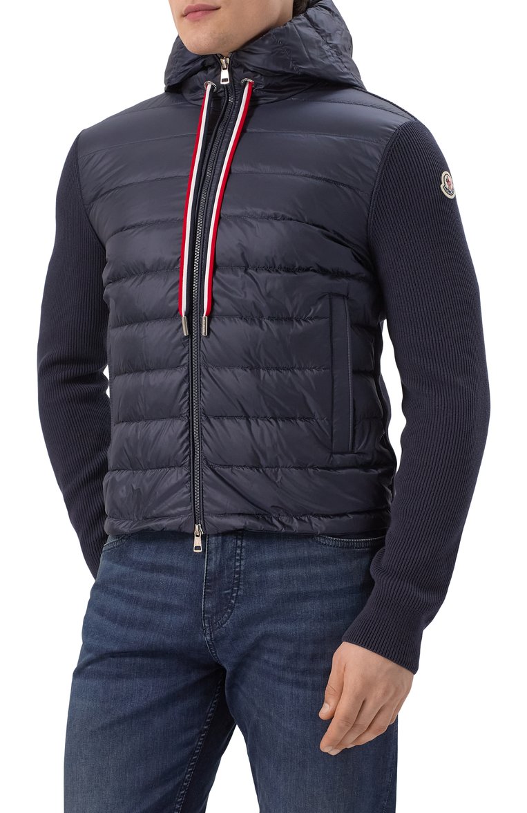 Мужской комбинированный кардиган MONCLER темно-синего цвета, арт. 9B00005/M1367 | Фото 3 (Рукава: Длинные; Длина (для топов): Стандартные; Материал внешний: Хлопок; Стили: Кэжуэл; Мужское Кросс-КТ: Кардиган-одежда; Застежка: Молния; Материал утеплител�я: Пух и перо)