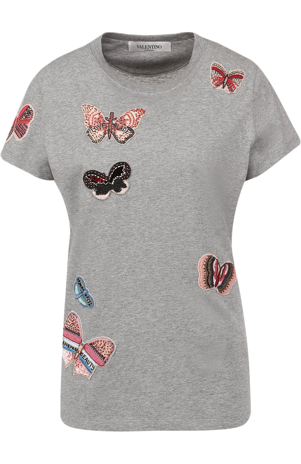 Футболка прямого кроя с отделкой в виде бабочек VALENTINO серого цвета по цене 151500 руб., арт. PB3MG06U/3P7, фото 1 Футболка прямого кроя с отделкой в виде бабочек VALENTINO, арт. PB3MG06U/3P7, фото 1
