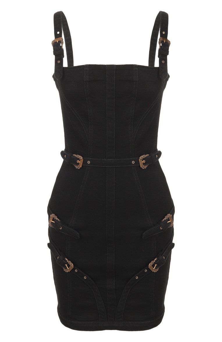 Женское джинсовое платье  VERSACE JEANS COUTURE черного цвета, арт. 78HA0952/DW040L54 | Фото 1 (Автоматизация состава: Проставлено; Автоматизация ТО: Проставлено; Материал внешний: Хлопок, Деним; Длина Ж (юбки, платья, шорты): Мини; Кросс-КТ: Деним; Случай: Повседневный; Женское Кросс-КТ: Платье-одежда, платье-футляр; Стили: Кэжуэл; Рукава: На бретелях)