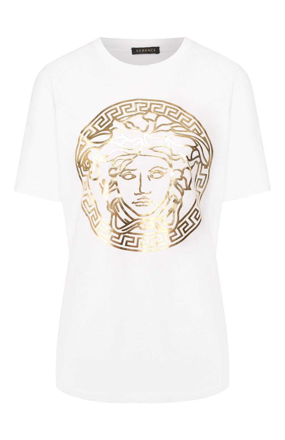 Хлопковая футболка VERSACE белого цвета по цене 34200 руб., арт. A85756/A228806, фото 1 Хлопковая футболка VERSACE, арт. A85756/A228806, фото 1