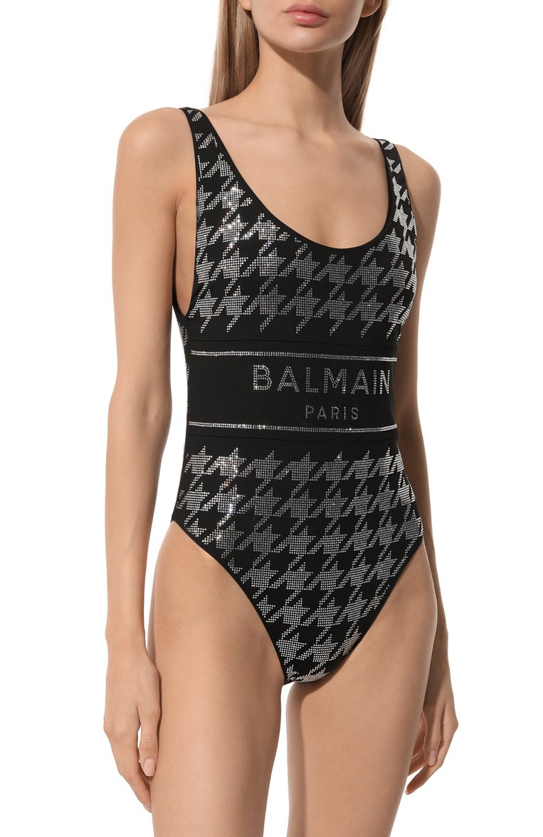 Женский слитный купальник BALMAIN черного цвета, арт. BKBU91330 | Фото 2 (Длина Ж (юбки, платья, шорты): Мини; Материал внешний: Синтетический материал; Женское Кросс-КТ: Слитные купальники)