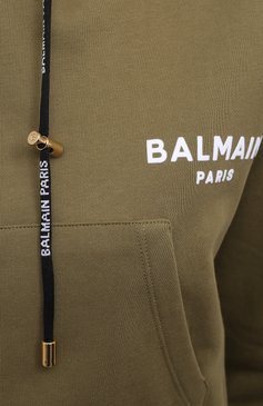 Женский хлопковое худи BALMAIN хаки цвета, арт. ZF43792/B027 | Фото 5 (Рукава: Длинные; Длина (для топов): Стандартные; Региональные ограничения белый список (Axapta Mercury): RU; Материал сплава: Проставлено; Материал внешний: Хлопок; Стили: Спорт-шик; Женское Кросс-КТ: Худи-одежда; Драгоценные камни: Проставлено)