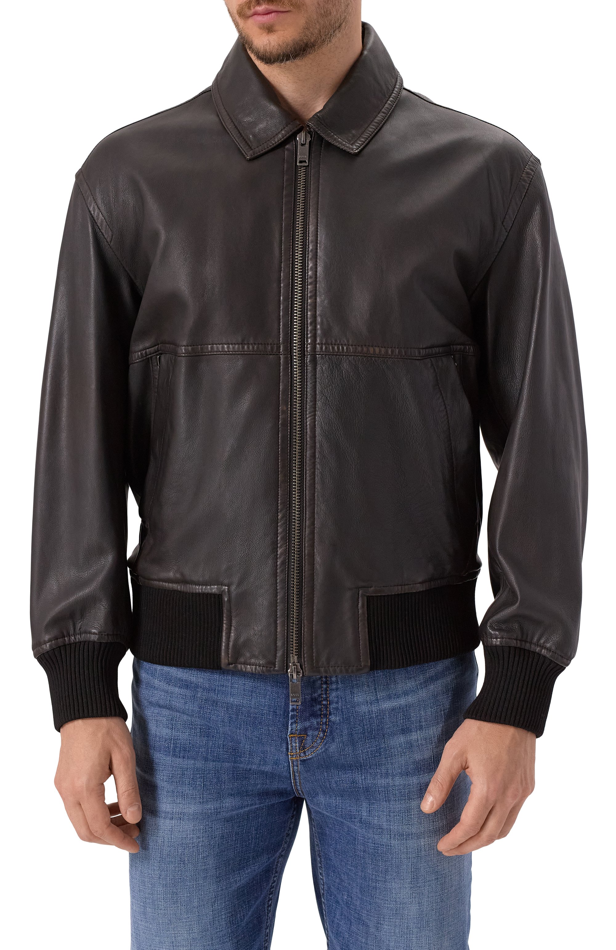 Кожаный бомбер BOSS ORANGE темно-коричневого цвета по цене 75950 руб., арт. 50543240, фото 3 Кожаный бомбер BOSS ORANGE, арт. 50543240, фото 3