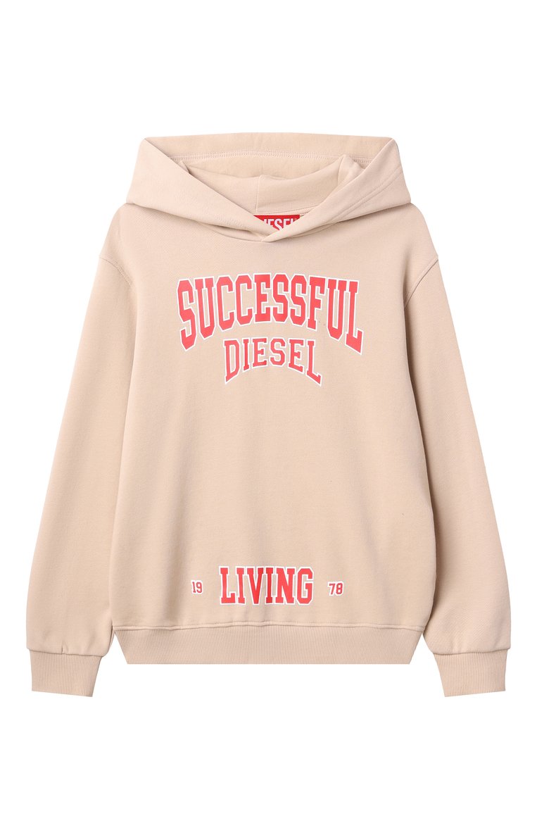 Детский хлопковое худи DIESEL бежевого цвета, арт. J02187/KYAQK | Фото 1 (Рукава: Длинные; Мальчики Кросс-КТ: Худи-одежда; Материал внешний: Хлопок; Автоматизация ТО: Проставлено; Автоматизация состава: Проставлено; Ростовка одежда: 4 года | 104 см, 13 - 15 лет | 158 см, 16 лет | 164 см, 10 - 11 лет | 140 - 146см, 6 лет | 116 см, 8 лет | 128 см)