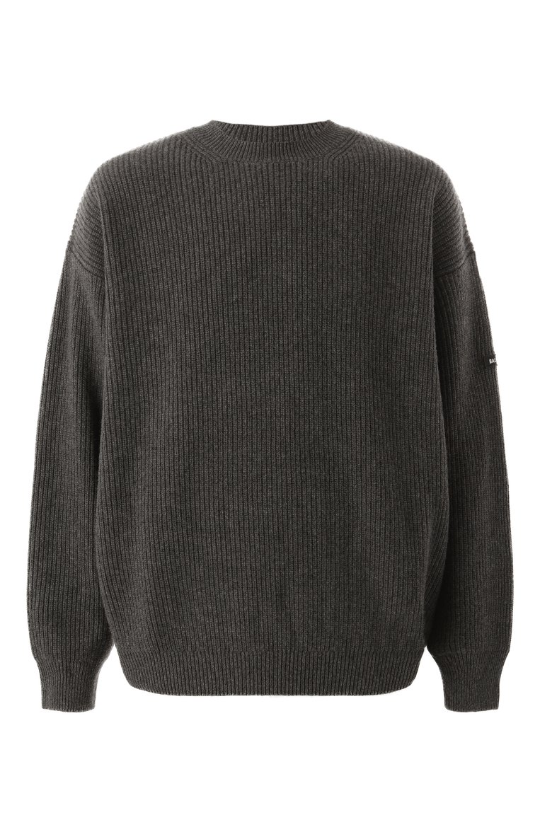 Мужской шерстяной свитер BALENCIAGA серого цвета, арт. 808454/T1703 | Фото 1 (Материал внешний: Шерсть; Рукава: Длинные; Стили: Кэжуэл; Принт: Без принта; Мужское Кросс-КТ: Свитер-одежда; Длина (для топов): Удлиненные; Автоматизация состава: Проставлено; Детали: Декор; Автоматизация ТО: Проставлено)