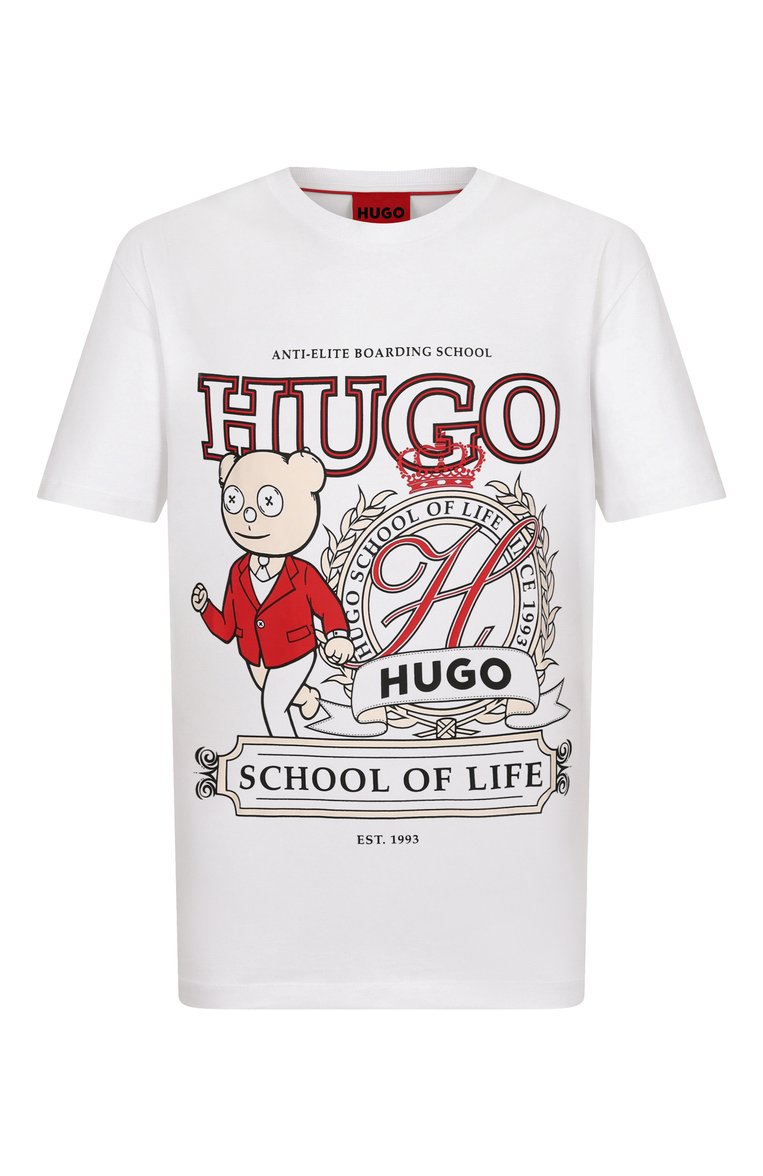 Мужская хлопковая футболка HUGO белого цвета, арт. 50538254 | Фото 1 (Длина (для топов): Стандартные; Рукава: Короткие; Материал внеш�ний: Хлопок; Принт: С принтом; Стили: Кэжуэл; Кросс-КТ: Джерси; Мужское Кросс-КТ: Футболка-одежда)