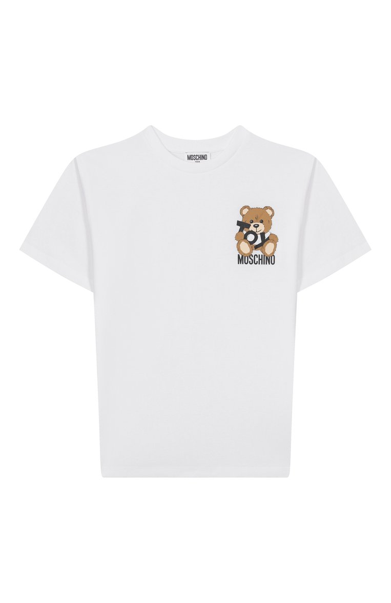Детская хлопковая футболка MOSCHINO белого цвета, арт. HPM050/LAA03/10-14 | Фото 1 (Материал внешний: Хлопок; Рукава: Короткие; Мальчики Кросс-КТ: Футболка-одежда; Тематический товар: Teddy Bear; Ростовка одежда: 10 - 11 лет | 140 - 146см, 12 лет | 152 см, 16 лет | 164 см)