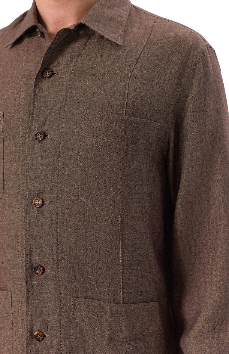 Мужская льняная рубашка BRUNELLO CUCINELLI коричневого цвета, арт. MM6950648 | Фото 5 (Рукава: Длинные; Длина (для топов): Стандартные; Материал внешний: Лен; Воротник: Кент; Принт: Однотонные; Случай: Повседневный; Манжеты: На пуговицах; Стили: Кэжуэл)