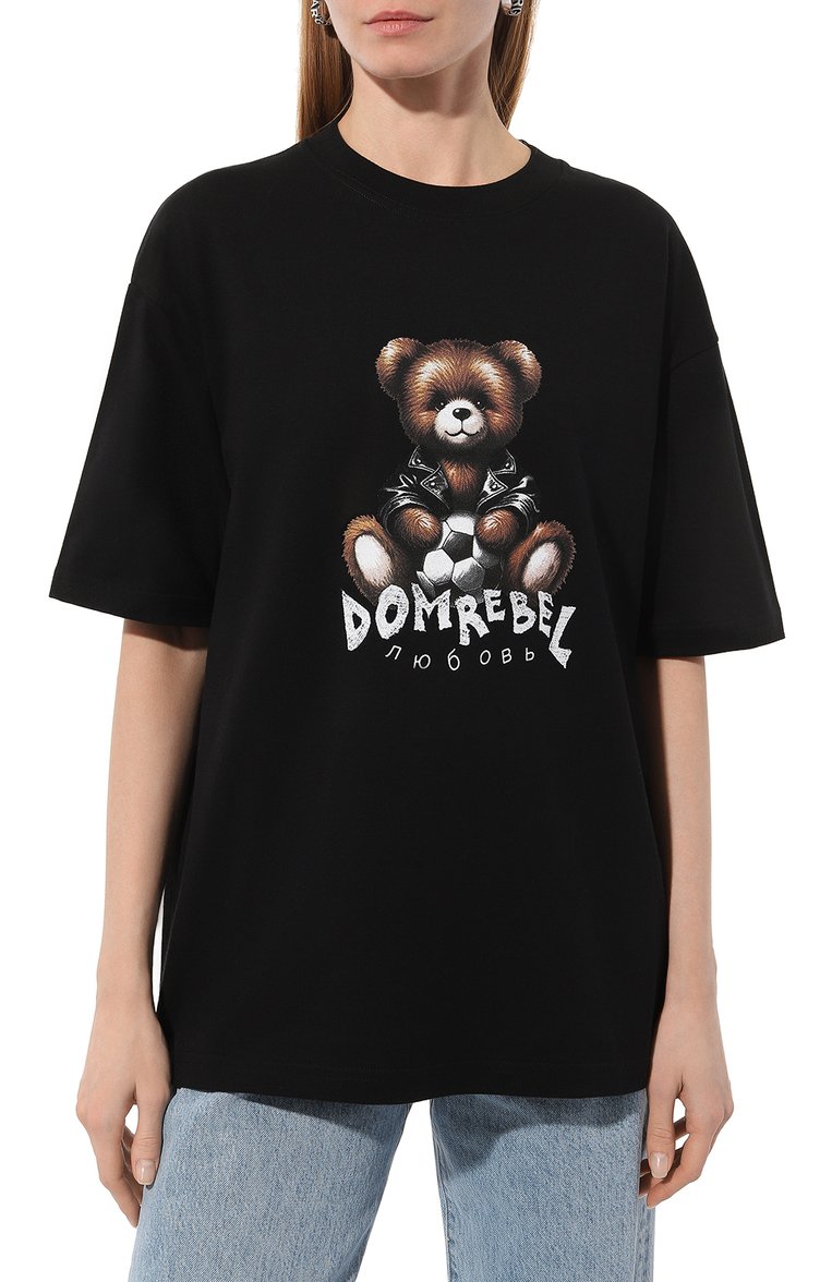 Женская хлопковая футболка DOMREBEL черного цвета, �арт. S0CCER/T-SHIRT | Фото 3 (Рукава: Короткие; Длина (для топов): Стандартные; Принт: С принтом; Материал сплава: Проставлено; Материал внешний: Хлопок; Женское Кросс-КТ: Футболка-одежда; Драгоценные камни: Проставлено; Стили: Кэжуэл)